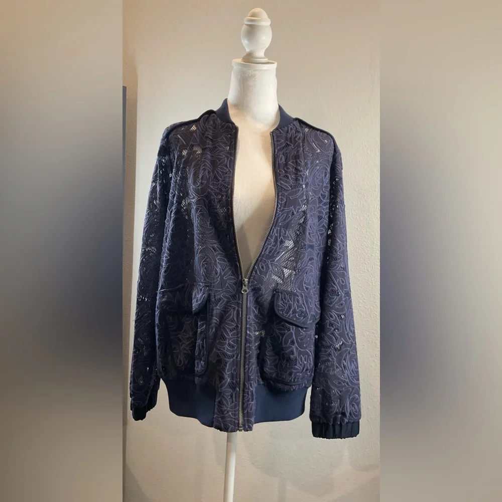 Anthropologie Elevenses Navy Blue Lace Bomber Jacket - Picture 6 of 16
